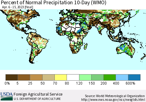 World Percent of Normal Precipitation 10-Day (WMO) Thematic Map For 4/6/2023 - 4/15/2023