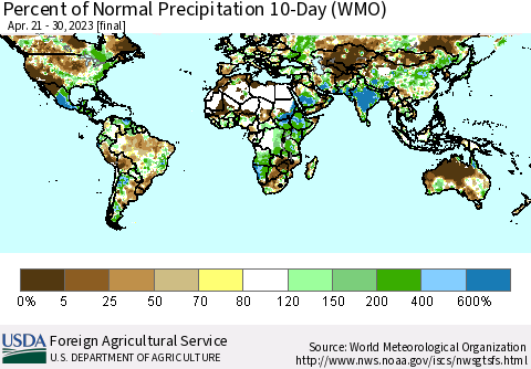 World Percent of Normal Precipitation 10-Day (WMO) Thematic Map For 4/21/2023 - 4/30/2023