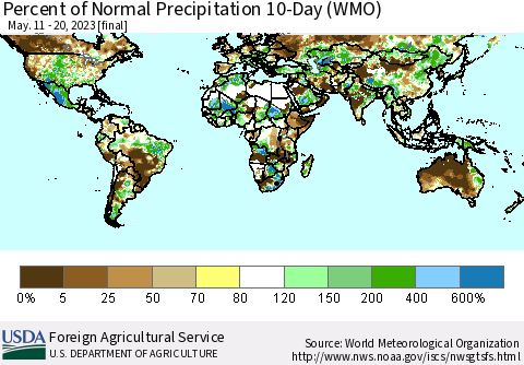 World Percent of Normal Precipitation 10-Day (WMO) Thematic Map For 5/11/2023 - 5/20/2023