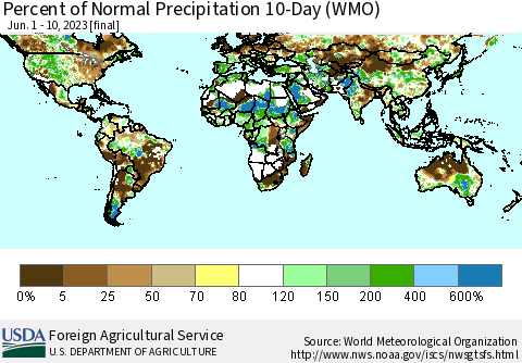 World Percent of Normal Precipitation 10-Day (WMO) Thematic Map For 6/1/2023 - 6/10/2023