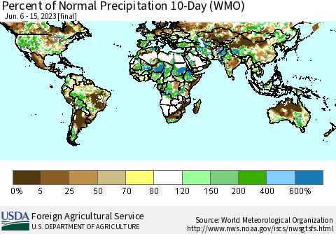 World Percent of Normal Precipitation 10-Day (WMO) Thematic Map For 6/6/2023 - 6/15/2023