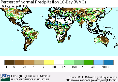World Percent of Normal Precipitation 10-Day (WMO) Thematic Map For 6/11/2023 - 6/20/2023