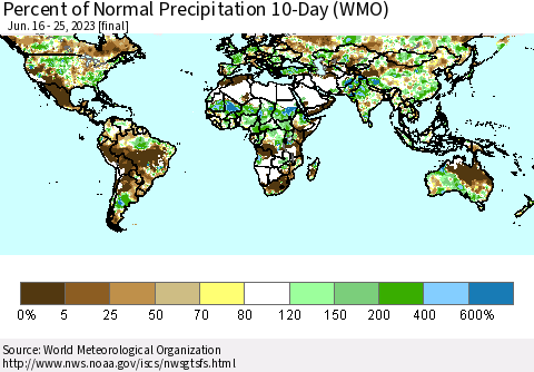 World Percent of Normal Precipitation 10-Day (WMO) Thematic Map For 6/16/2023 - 6/25/2023