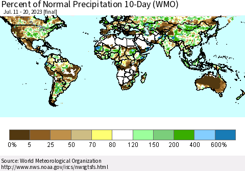 World Percent of Normal Precipitation 10-Day (WMO) Thematic Map For 7/11/2023 - 7/20/2023