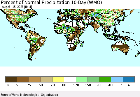 World Percent of Normal Precipitation 10-Day (WMO) Thematic Map For 8/6/2023 - 8/15/2023