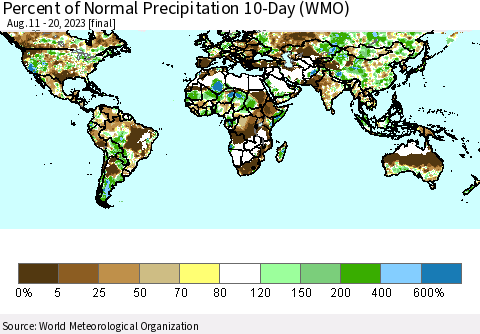 World Percent of Normal Precipitation 10-Day (WMO) Thematic Map For 8/11/2023 - 8/20/2023