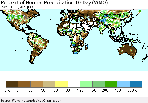 World Percent of Normal Precipitation 10-Day (WMO) Thematic Map For 9/21/2023 - 9/30/2023