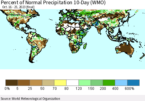 World Percent of Normal Precipitation 10-Day (WMO) Thematic Map For 10/16/2023 - 10/25/2023