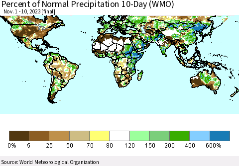 World Percent of Normal Precipitation 10-Day (WMO) Thematic Map For 11/1/2023 - 11/10/2023