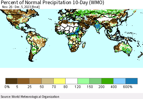 World Percent of Normal Precipitation 10-Day (WMO) Thematic Map For 11/26/2023 - 12/5/2023
