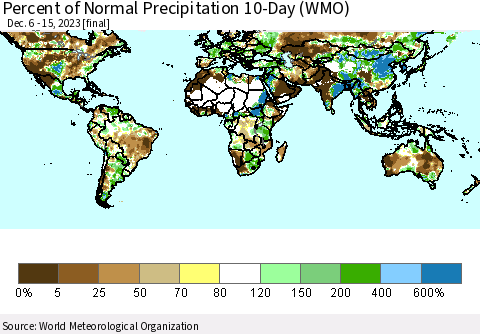 World Percent of Normal Precipitation 10-Day (WMO) Thematic Map For 12/6/2023 - 12/15/2023