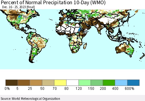 World Percent of Normal Precipitation 10-Day (WMO) Thematic Map For 12/16/2023 - 12/25/2023