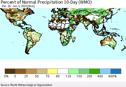World Percent of Normal Precipitation 10-Day (WMO) Thematic Map For 12/26/2023 - 1/5/2024