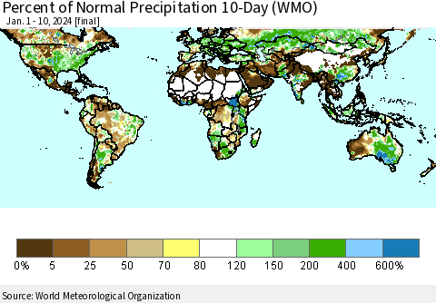 World Percent of Normal Precipitation 10-Day (WMO) Thematic Map For 1/1/2024 - 1/10/2024
