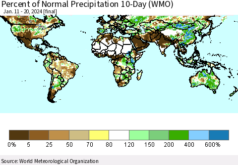 World Percent of Normal Precipitation 10-Day (WMO) Thematic Map For 1/11/2024 - 1/20/2024