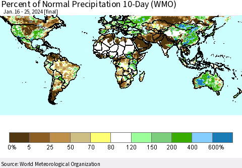 World Percent of Normal Precipitation 10-Day (WMO) Thematic Map For 1/16/2024 - 1/25/2024