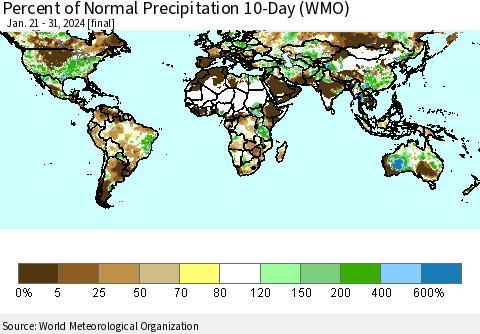 World Percent of Normal Precipitation 10-Day (WMO) Thematic Map For 1/21/2024 - 1/31/2024