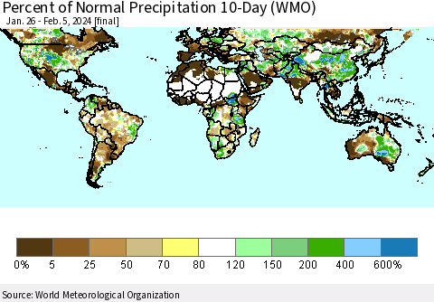 World Percent of Normal Precipitation 10-Day (WMO) Thematic Map For 1/26/2024 - 2/5/2024