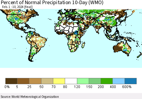 World Percent of Normal Precipitation 10-Day (WMO) Thematic Map For 2/1/2024 - 2/10/2024