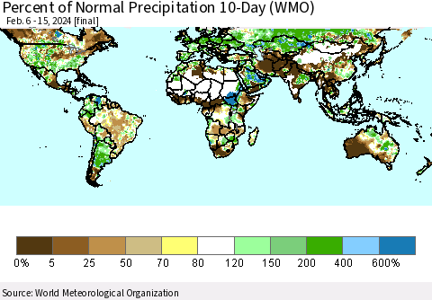 World Percent of Normal Precipitation 10-Day (WMO) Thematic Map For 2/6/2024 - 2/15/2024