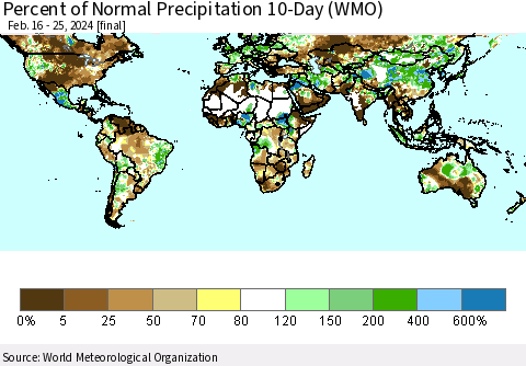 World Percent of Normal Precipitation 10-Day (WMO) Thematic Map For 2/16/2024 - 2/25/2024