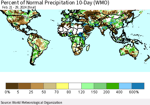 World Percent of Normal Precipitation 10-Day (WMO) Thematic Map For 2/21/2024 - 2/29/2024