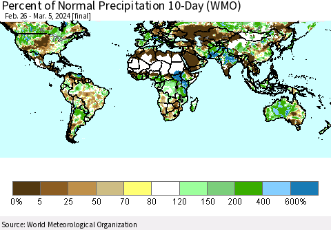 World Percent of Normal Precipitation 10-Day (WMO) Thematic Map For 2/26/2024 - 3/5/2024