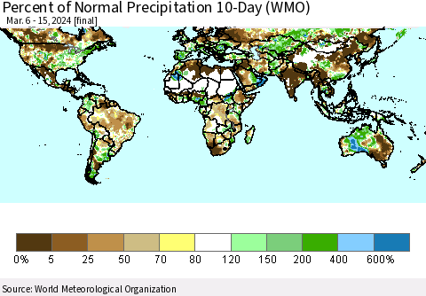 World Percent of Normal Precipitation 10-Day (WMO) Thematic Map For 3/6/2024 - 3/15/2024