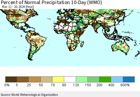 World Percent of Normal Precipitation 10-Day (WMO) Thematic Map For 3/11/2024 - 3/20/2024