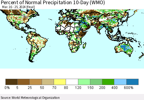 World Percent of Normal Precipitation 10-Day (WMO) Thematic Map For 3/16/2024 - 3/25/2024