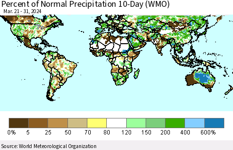 World Percent of Normal Precipitation 10-Day (WMO) Thematic Map For 3/21/2024 - 3/31/2024