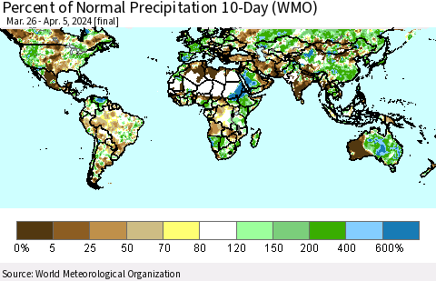 World Percent of Normal Precipitation 10-Day (WMO) Thematic Map For 3/26/2024 - 4/5/2024