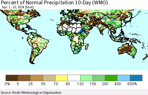 World Percent of Normal Precipitation 10-Day (WMO) Thematic Map For 4/1/2024 - 4/10/2024