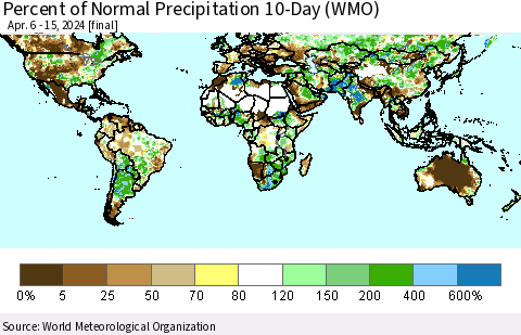 World Percent of Normal Precipitation 10-Day (WMO) Thematic Map For 4/6/2024 - 4/15/2024