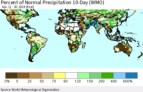 World Percent of Normal Precipitation 10-Day (WMO) Thematic Map For 4/11/2024 - 4/20/2024