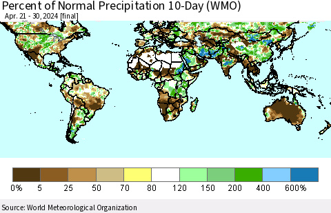 World Percent of Normal Precipitation 10-Day (WMO) Thematic Map For 4/21/2024 - 4/30/2024