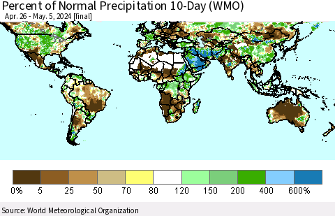 World Percent of Normal Precipitation 10-Day (WMO) Thematic Map For 4/26/2024 - 5/5/2024