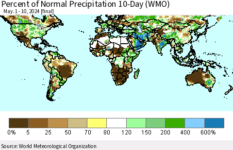 World Percent of Normal Precipitation 10-Day (WMO) Thematic Map For 5/1/2024 - 5/10/2024