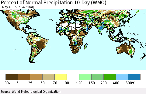 World Percent of Normal Precipitation 10-Day (WMO) Thematic Map For 5/6/2024 - 5/15/2024
