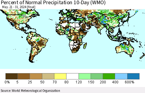 World Percent of Normal Precipitation 10-Day (WMO) Thematic Map For 5/21/2024 - 5/31/2024