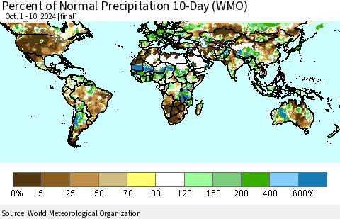 World Percent of Normal Precipitation 10-Day (WMO) Thematic Map For 10/1/2024 - 10/10/2024