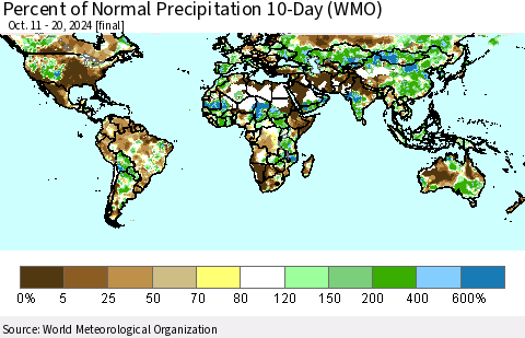 World Percent of Normal Precipitation 10-Day (WMO) Thematic Map For 10/11/2024 - 10/20/2024