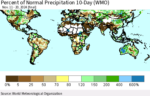 World Percent of Normal Precipitation 10-Day (WMO) Thematic Map For 11/11/2024 - 11/20/2024