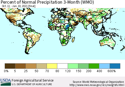 World Percent of Normal Precipitation 3-Month (WMO) Thematic Map For 10/11/2020 - 1/10/2021