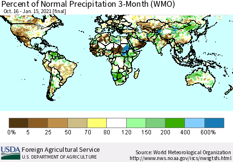 World Percent of Normal Precipitation 3-Month (WMO) Thematic Map For 10/16/2020 - 1/15/2021