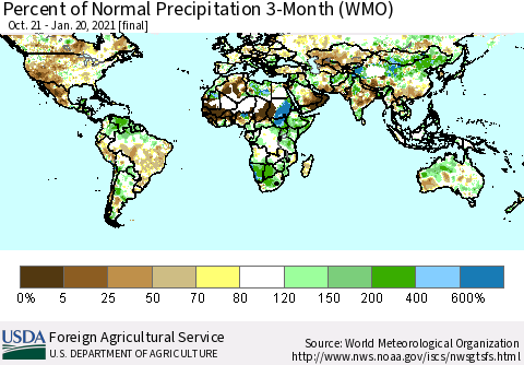 World Percent of Normal Precipitation 3-Month (WMO) Thematic Map For 10/21/2020 - 1/20/2021