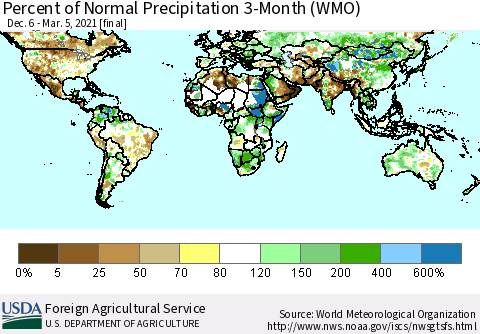 World Percent of Normal Precipitation 3-Month (WMO) Thematic Map For 12/6/2020 - 3/5/2021