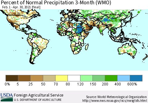 World Percent of Normal Precipitation 3-Month (WMO) Thematic Map For 2/1/2021 - 4/30/2021
