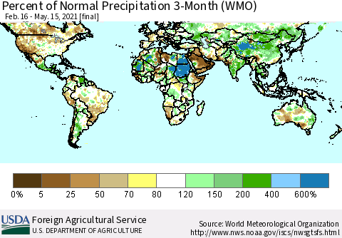 World Percent of Normal Precipitation 3-Month (WMO) Thematic Map For 2/16/2021 - 5/15/2021