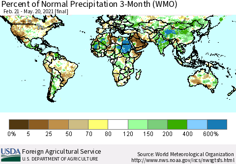 World Percent of Normal Precipitation 3-Month (WMO) Thematic Map For 2/21/2021 - 5/20/2021